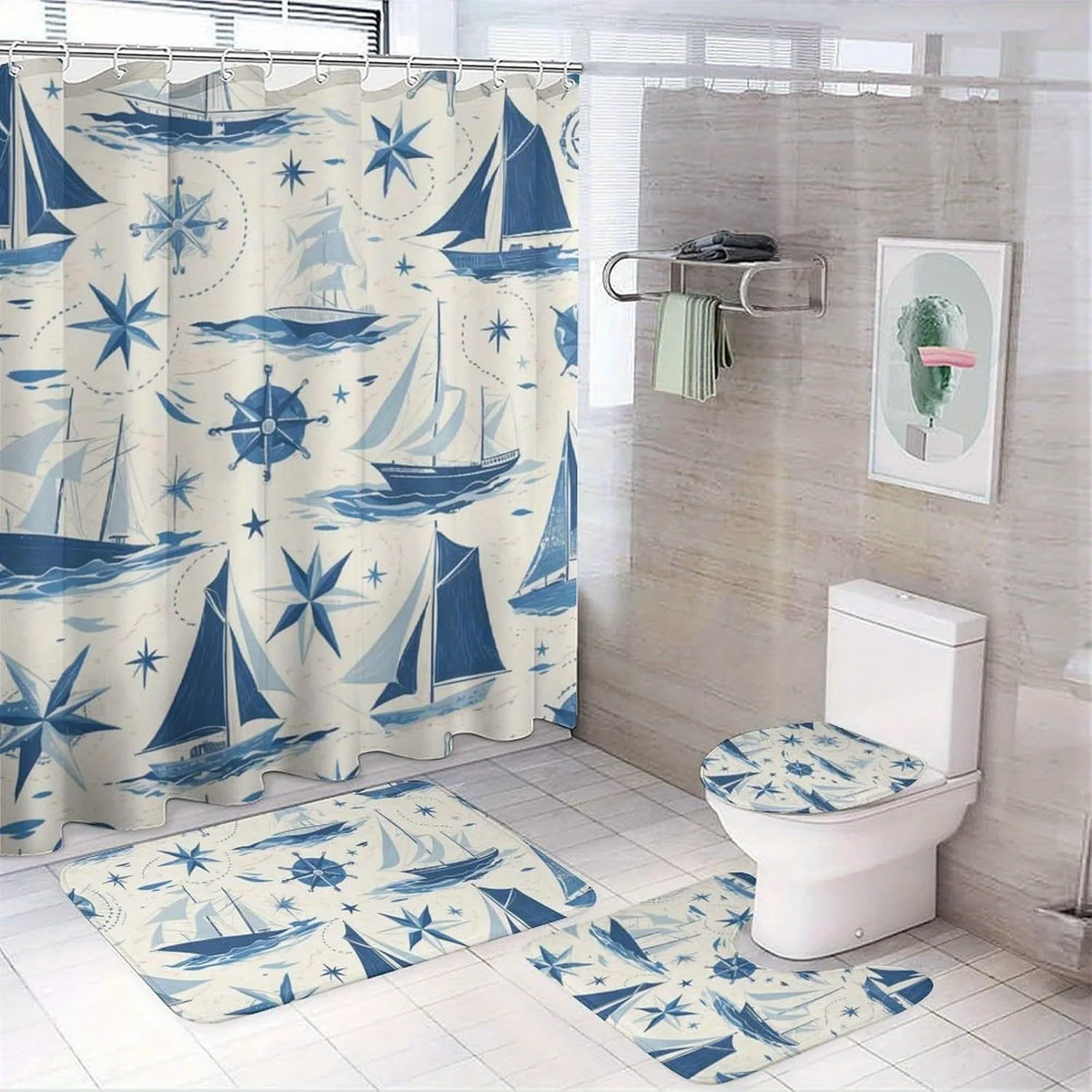 

4 шт. Морской узор парусника, машинная стирка, полиэфирная ткань, занавеска для душа, коврик для унитаза, нескользящий коврик, U-образный коврик