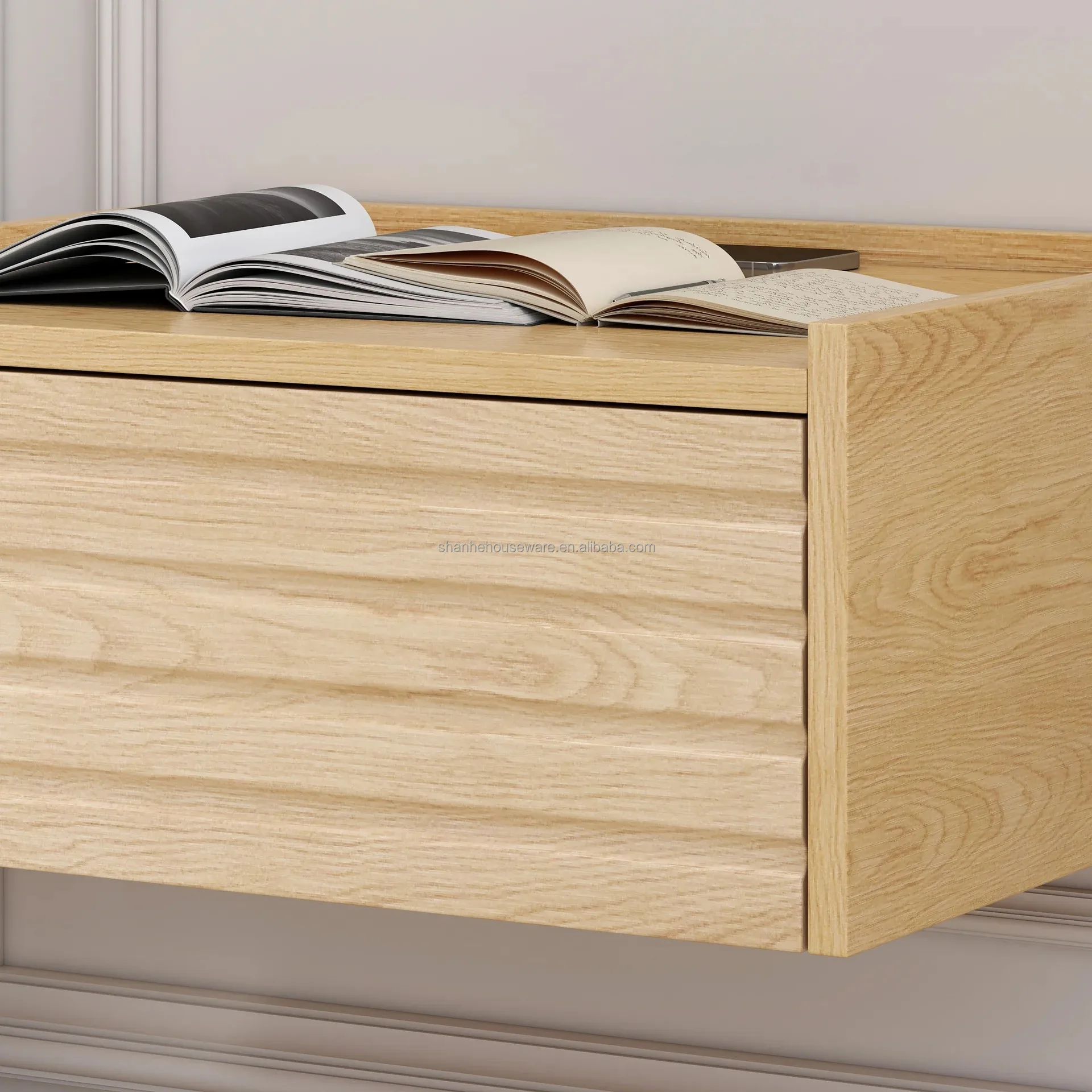 طاولة بجانب السرير بتصميم حديث وبسيط مثبتة على الحائط من الخشب الصلب ومنضدة عائمة للشحن اللاسلكي ودرج قابل للتحويل لـ #6