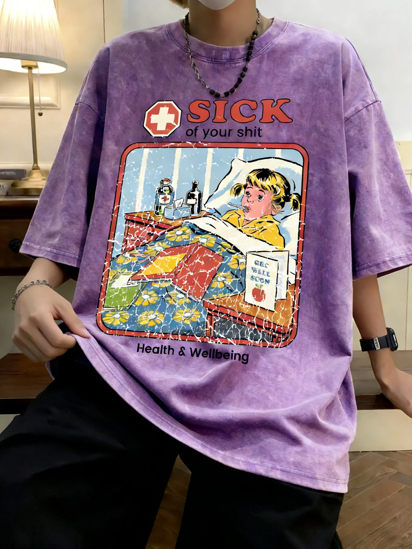 Bawełniana koszulka damska oversize z efektem sprania, vintage nadruk Sick Girl, oddychająca bluzka na wiosnę i lato, styl Y2K retro casual streetwear