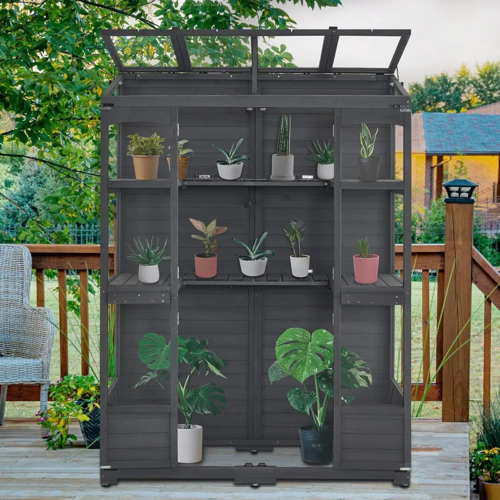 Wooden Greenhouse, Walk-in Outdoor Greenhouse with Openable Roof and Lockable Door with Large Storage Space (Dark Grey)