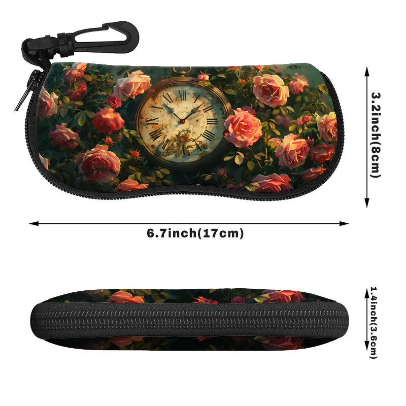 1pc 2d FlatPortable and Durable Eyewear Case Featuring Vintage Pocket Watch Clock and Rose Design