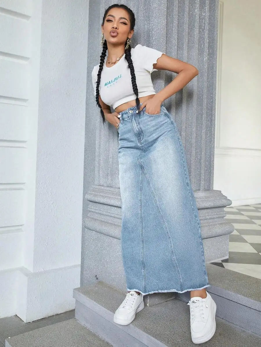 レディースワイドレッグデニムスカート（フリンジヘム＆ポケット付き）