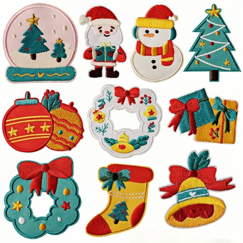 Christmas Embroidered Patches - Santa Snowman Tree Wreath Iron On for Clothes Bags DIY Decoration