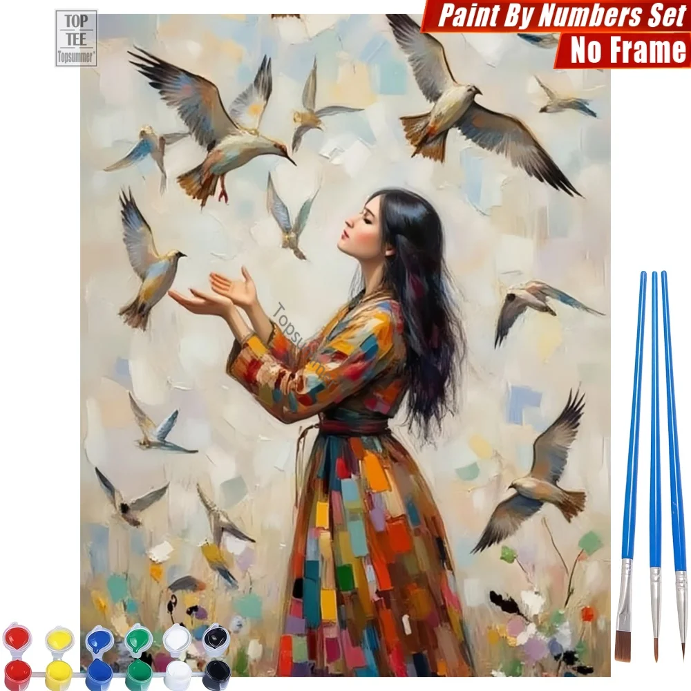 

Feeding Colorful Woman Paints By Number Set - Birds Harmony Nature Relaxing Activities Easter Gift For Bird Lover