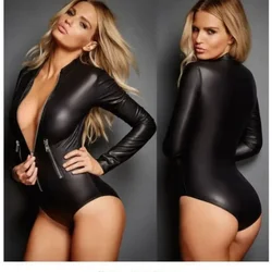 Plus Size Female Bodysuit Sexy Lingerie Leather Women Front Zipper Hot Erotic Underwear Ladies Latex Catsuit Spandex Leotard Sex