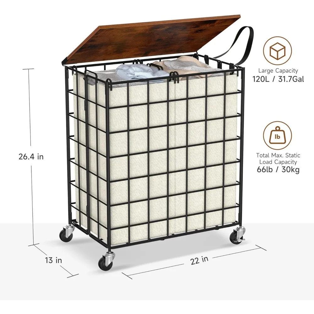 سلة غسيل دوارة شديدة التحمل مع فارز وسعة كبيرة، غطاء خشبي، عجلات 360 درجة لسهولة المناورة