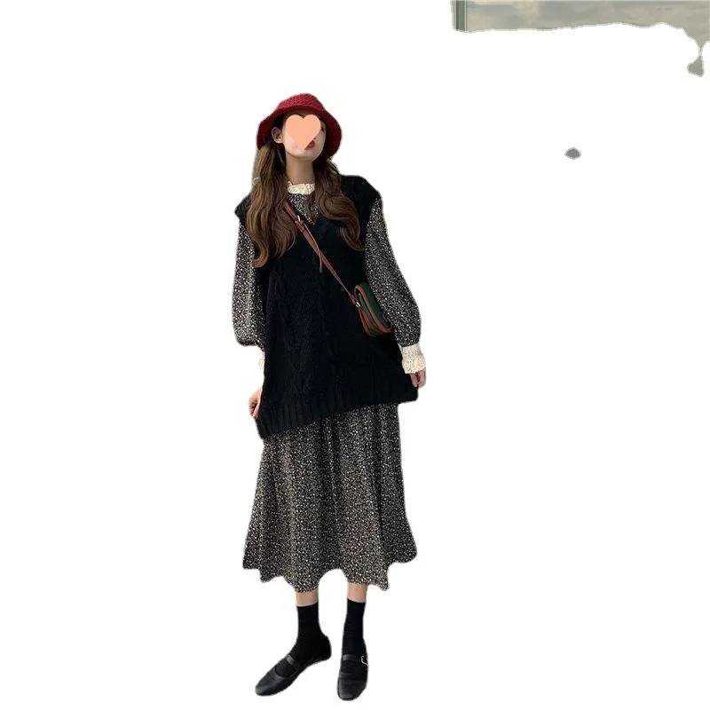 Vestido floral com mangas compridas outono inverno novo retro francês primeira vez viagem laranja talo saia solta camada interna base