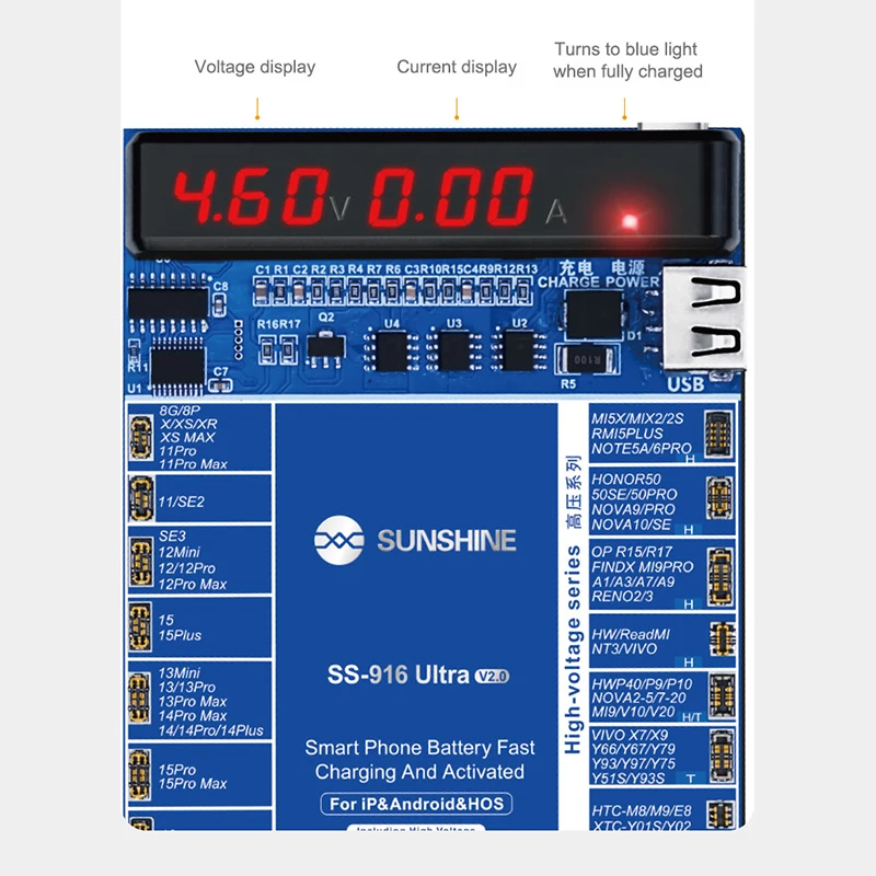 SUNSHINE SS-916 Ultra V2.0 Charging Activation Fixture A/V Dual Display for IP Android Battery Current Voltage Detection Tool