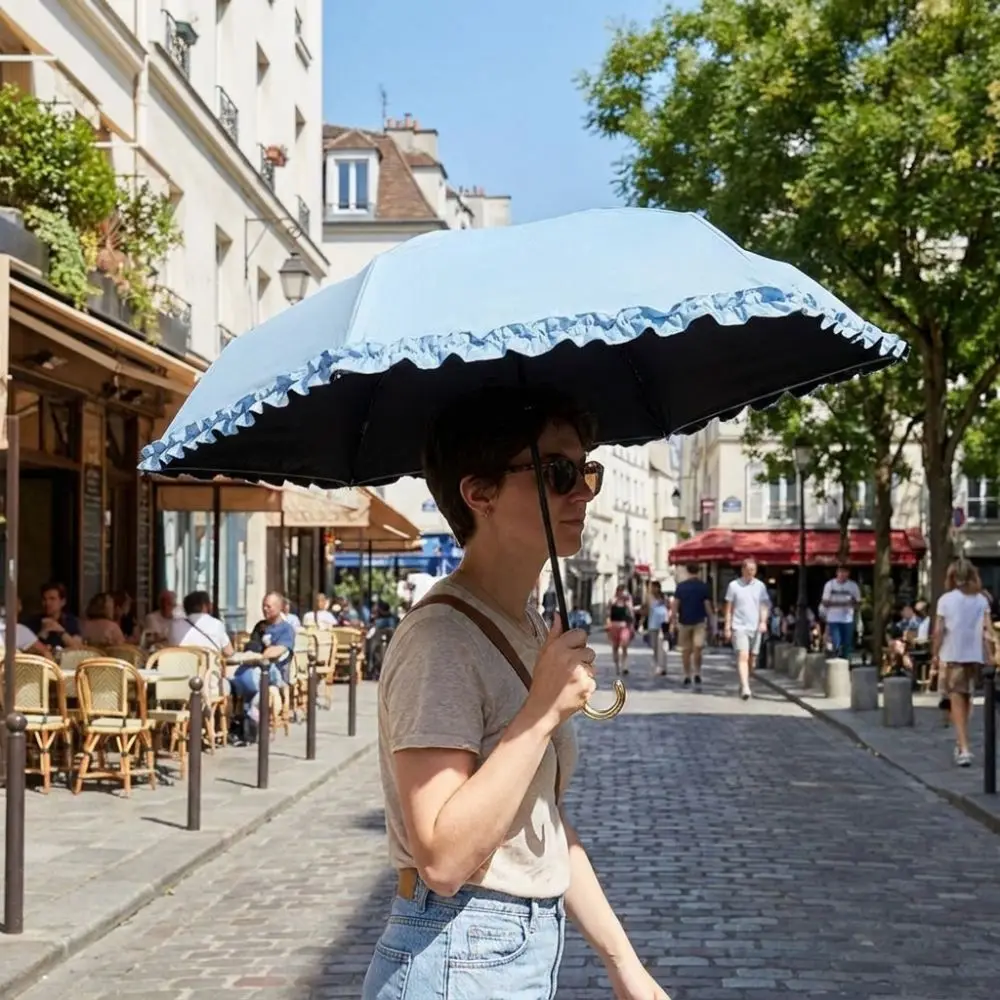 Ultra Light Portable Five Fold Lace Umbrella UV protection Windproof Folding Umbrella 6-Rib Golden Curved Handle Rain Umbrella