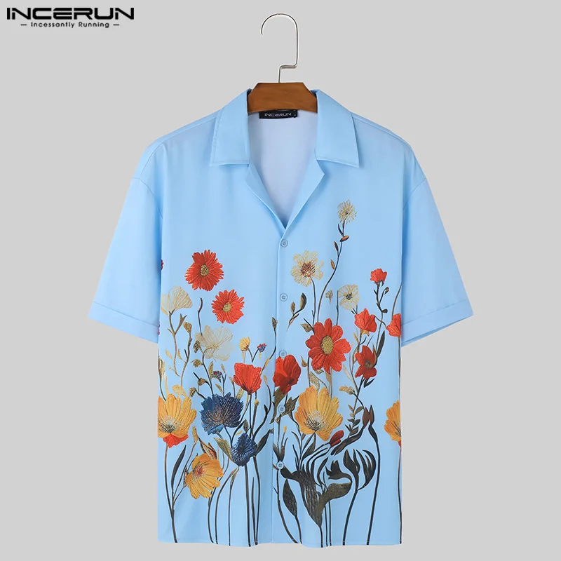 INCERUN Tops 2024 Korean Style Men Personalized Floral Print Pattern Design Shirt Casual Well Fitting Short Sleeved Blouse S-5XL