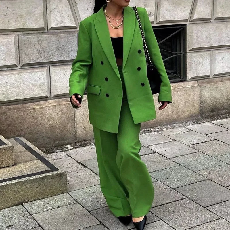 Blazer Set Two Piece Sets Womens Outifits Fashion Ladies Double Breasted Slim Skinny Green Suit Women\'s Coat Wide Leg Pants Suit