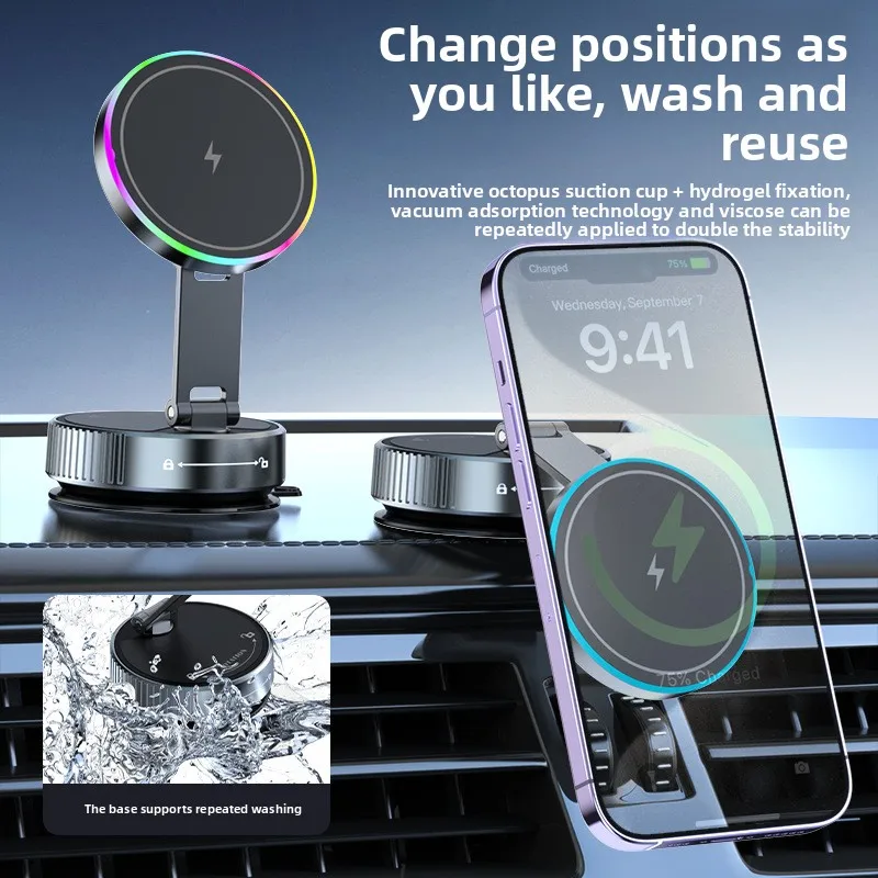 

K3 Wireless Charging Car Holder ,N52 Strong Magnet, Hydrogel Base (Reusable Washable) ,Vacuum Suction, Cooling, Universal stand