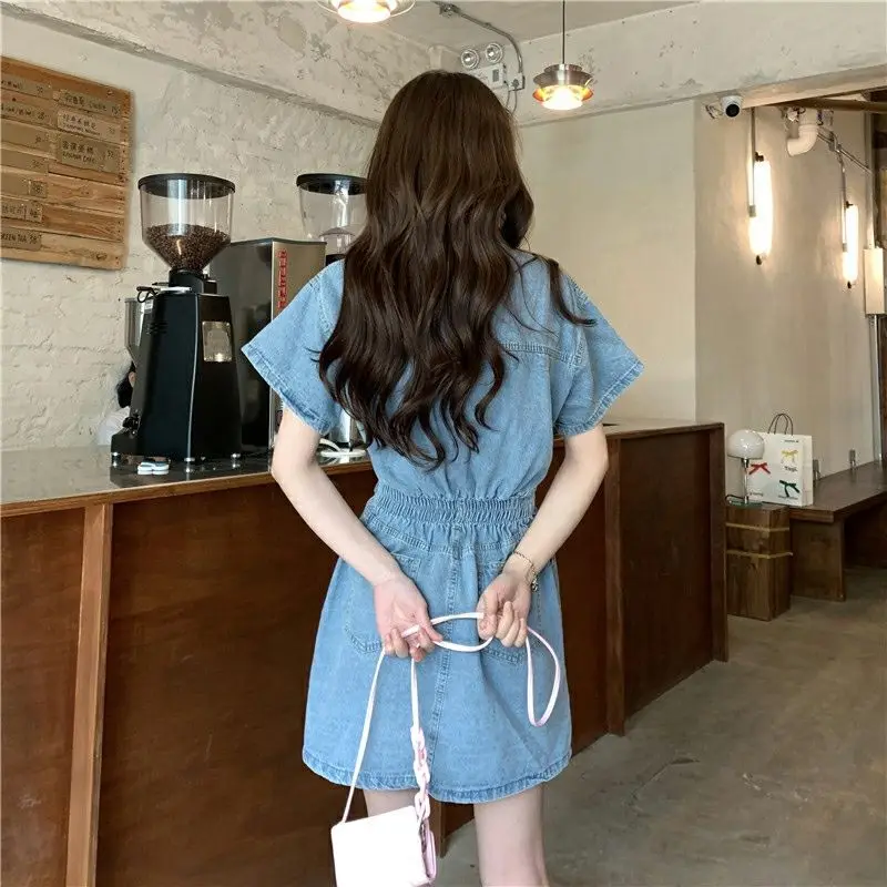 New Sweet POLO Collar Denim Dress for Petite Women Slimming Down with A Cinched Waist Retro Korean Style Denim A-line Dress