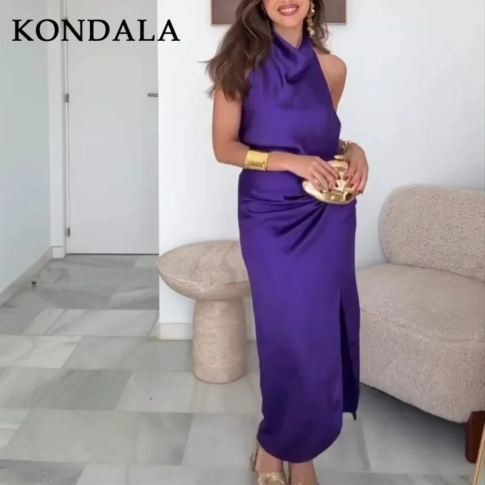 KONDALA 2026 Spring Summer Casual Satin Women Solid Suits Fashion Backless Sleeveless Halter Short Tops Chic Zipper Long Skirts view 4