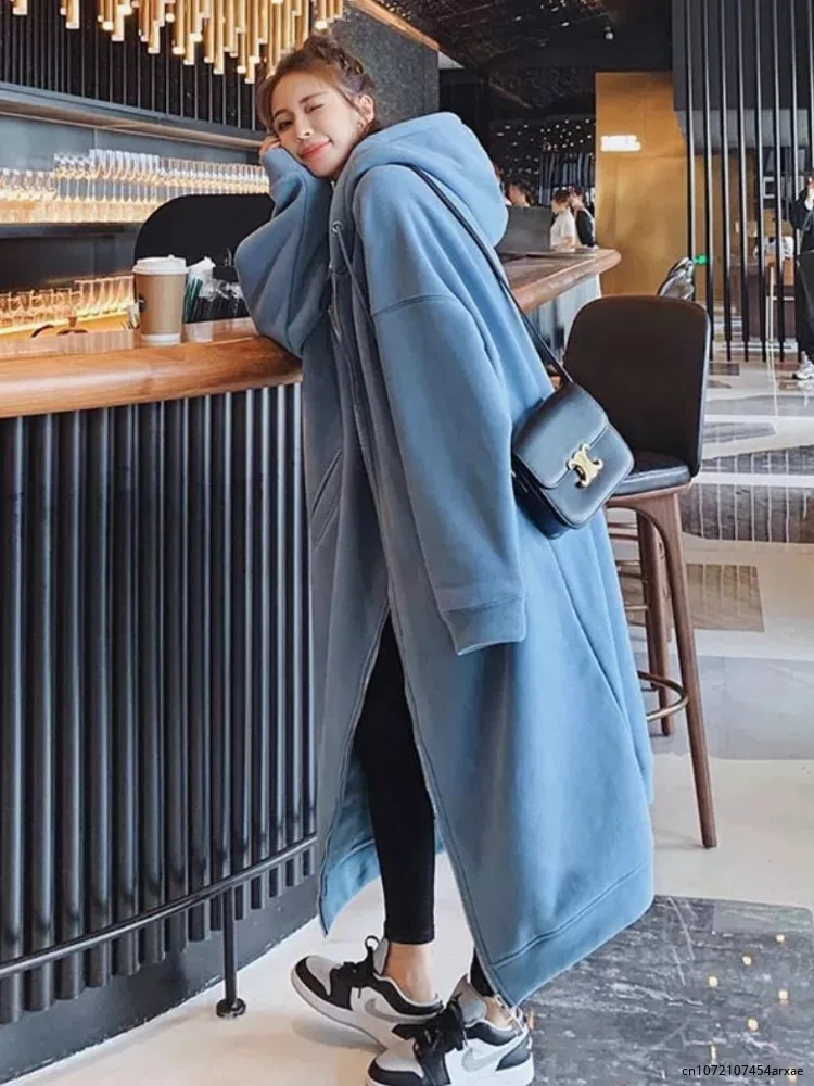 2023 Autumn Winter Women Long Trench Coat Office Lady Casual Zipper Outwear Long Sleeve Jackets Hooded Maxi Dress