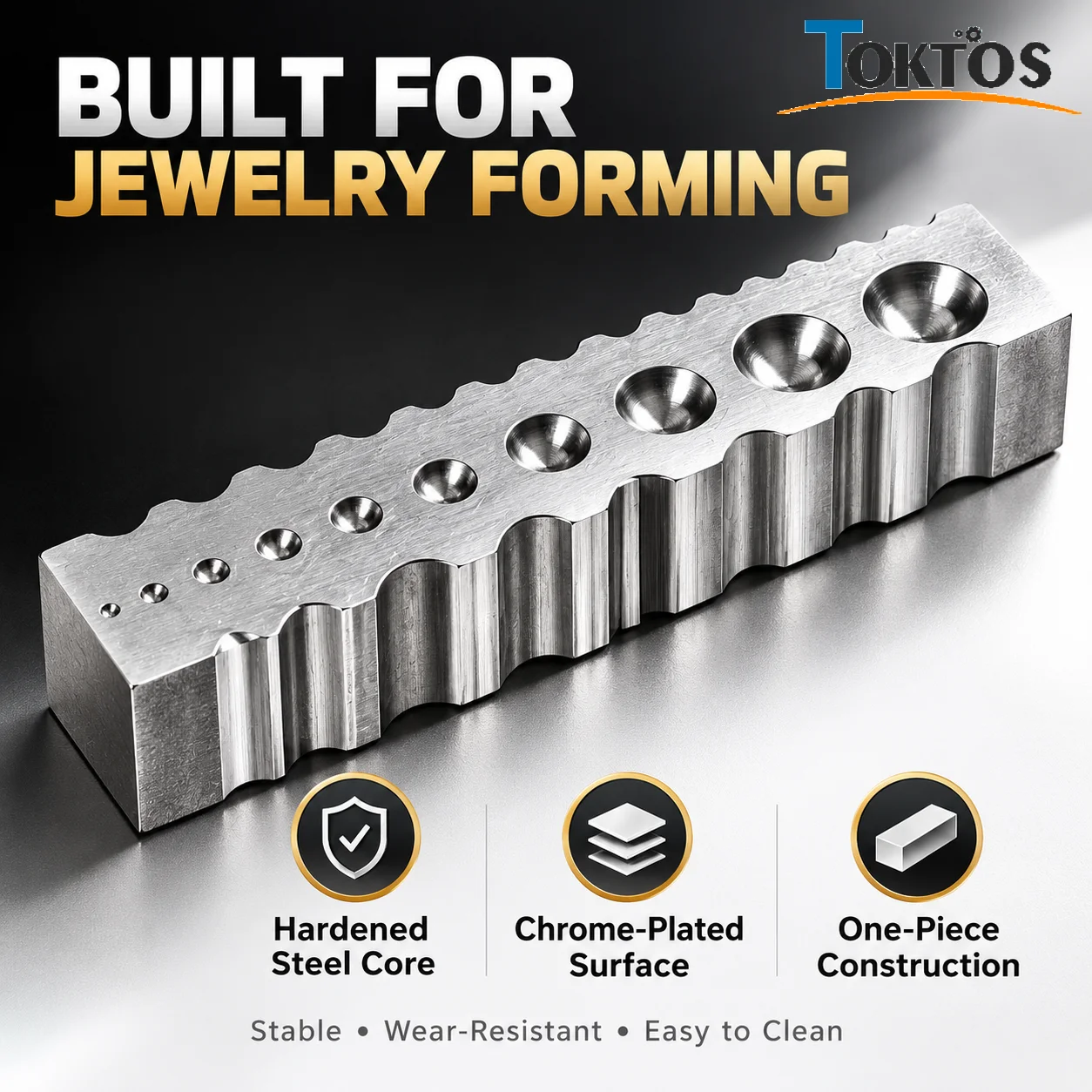 TOKTOS Jewelry Dapping Block Multi Groove Steel Bench Tool Round Oval Half Round V Groove for Ring Shank Metal Shaping