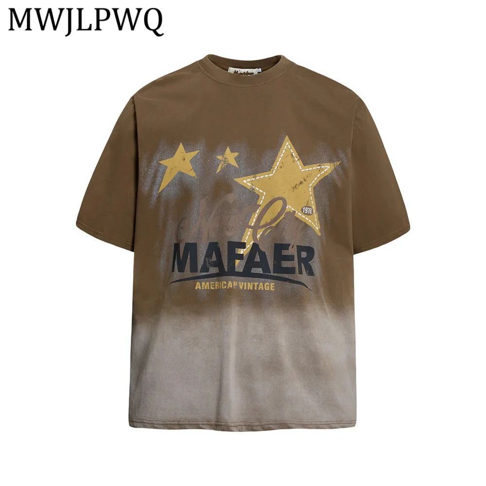 

MWJLPWQ American Vintage Star Print T-Shirt Men Gradient Color Short Sleeve Loose Crew Neck Casual Fashion Daily Wear Tops 15442