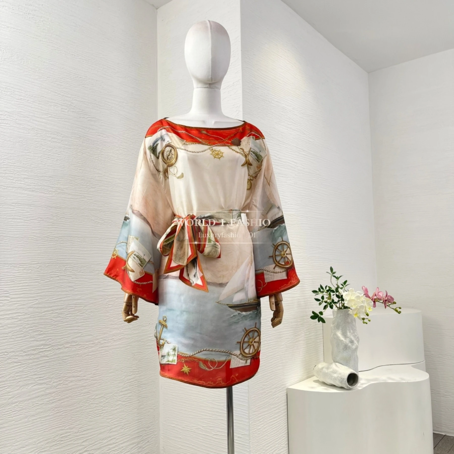 

Pink Red Starfish Sailboat Position Print Long Sleeve Mini Dress Womens Dresses