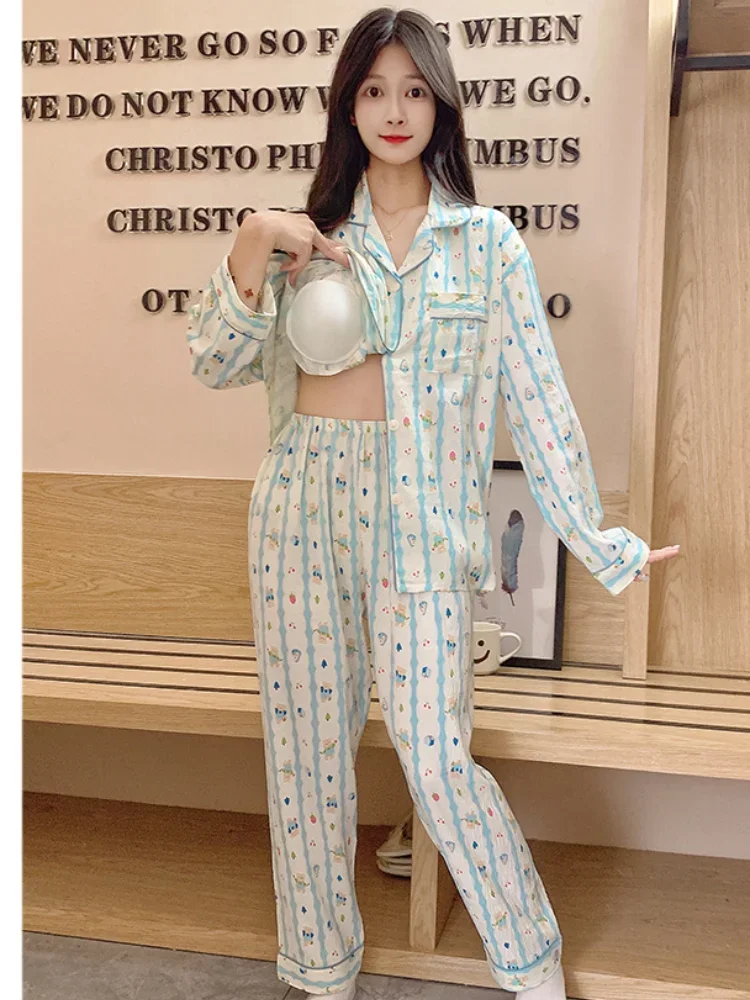 5XL Plus Size Cloud Cotton Pajamas Set Women Autumn Sleepwear Long Sleeve Shirt with Chest Pad Trousers Two Piece Set Loungewear