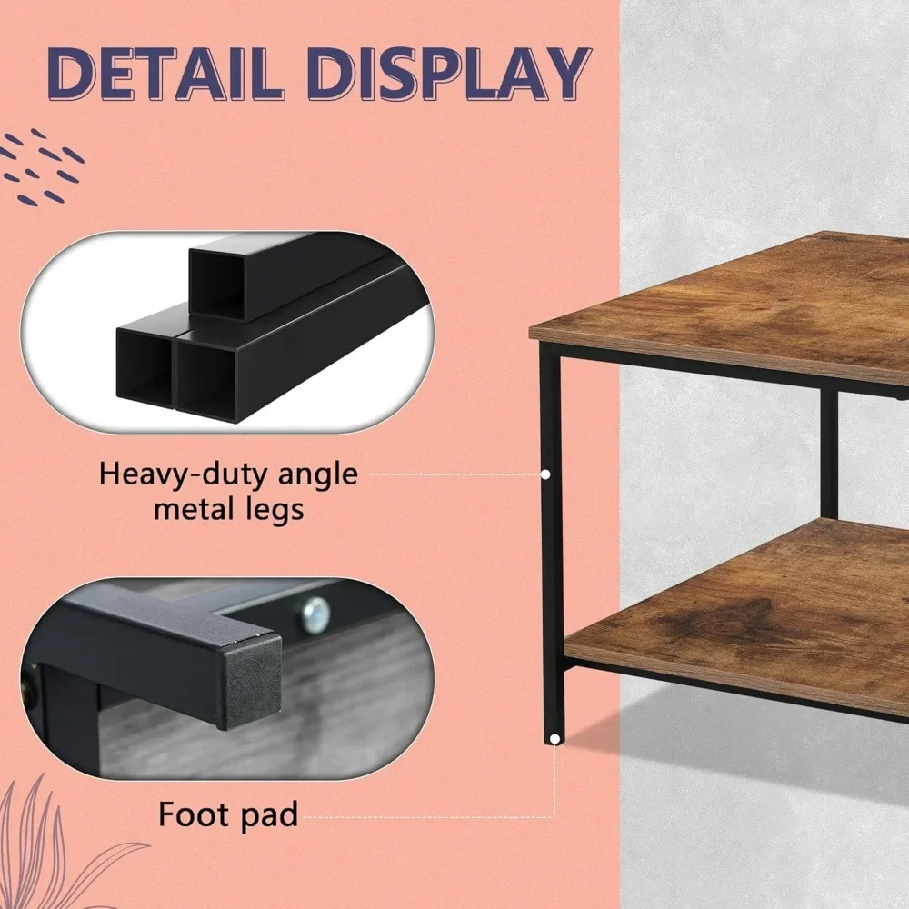 2-Tier Coffee Table with Storage Shelf for Living Spaces, Brown Rectangle Wood and Sturdy Metal Side End Table