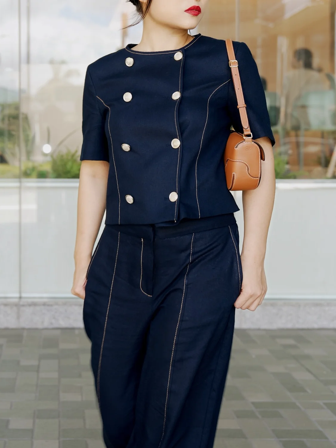 

Ladies Elegant Retro Chic Suit Button Short Sleeve Top Straight Pants Summer Fashion Casual Commuter Linen Women Suit
