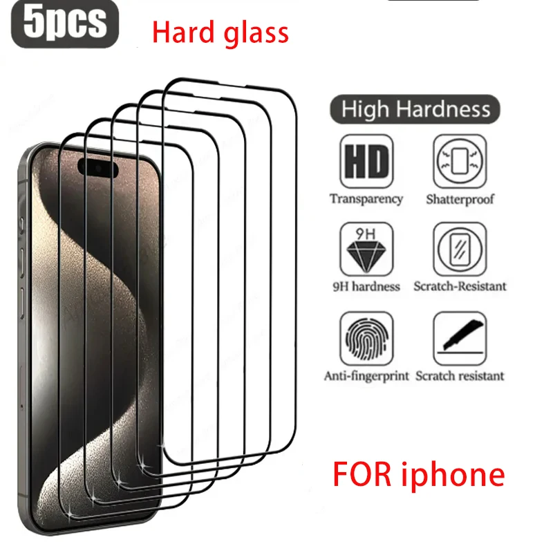 

5Pcs Tempered Glass for iPhone 15 14 13 12 11 Pro Max Screen Protector for iPhone 12Mini 13Mini 7 8 Plus SE X XS XR 14Pro Glass