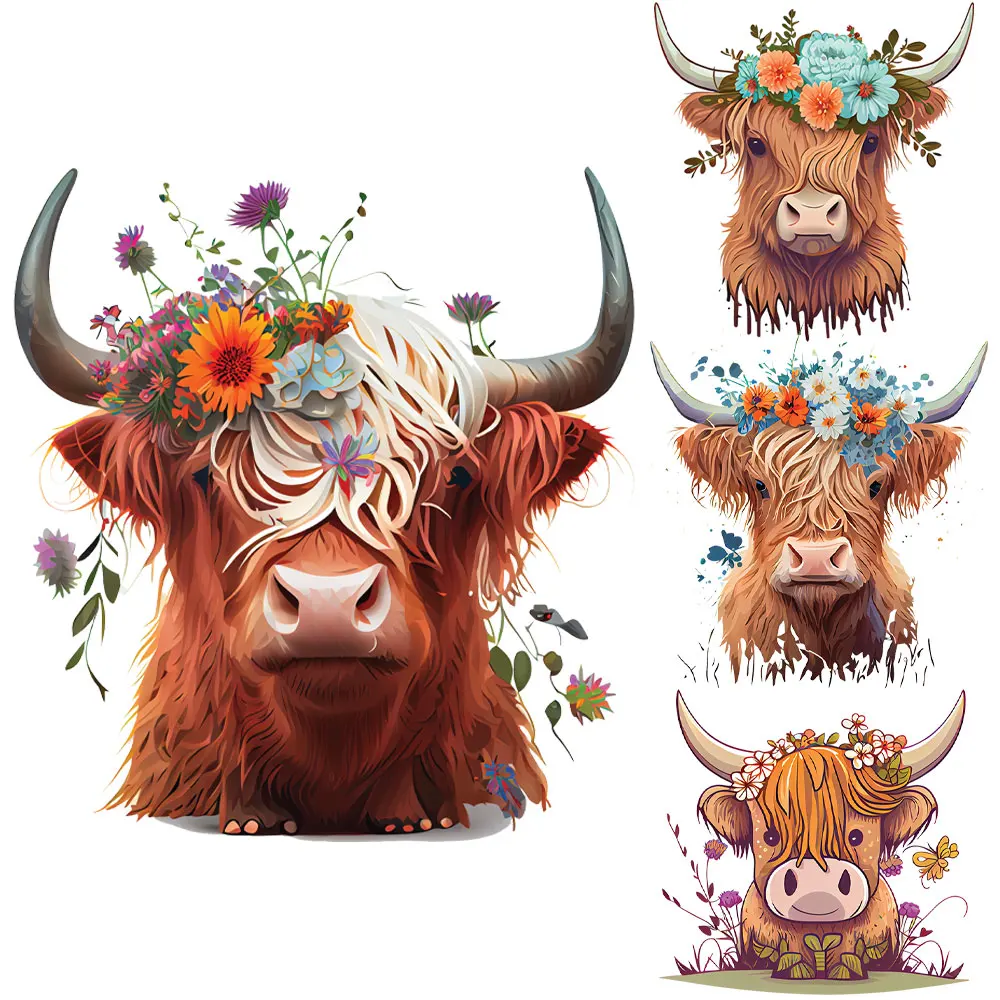 New in Highland Cow Flower Iron On Transfer Patches For Clothes DIY Thermal Stickers T Shirts Washable Print Appliques Decor