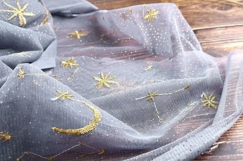 4 colors Gold Star Moon Embroidery Lace Fabric Gold Glitter dot Floral Tulle For Girl Dress, Top Blouse,  , Wedding Background