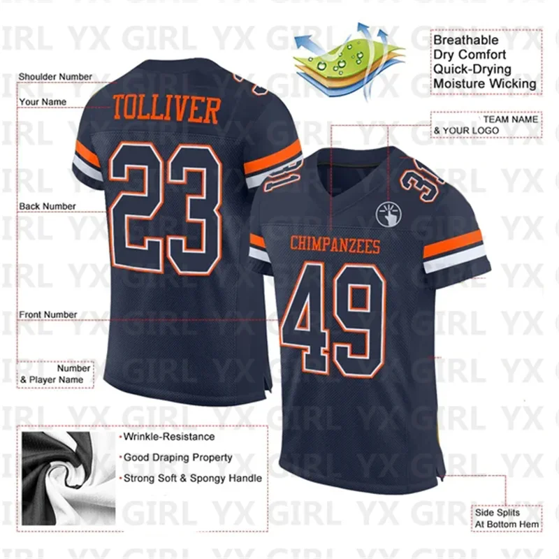 Custom Navy White-Orange Mesh Authentic Football Jersey Personlized Team name and you name number V-Neck Football T-Shirts