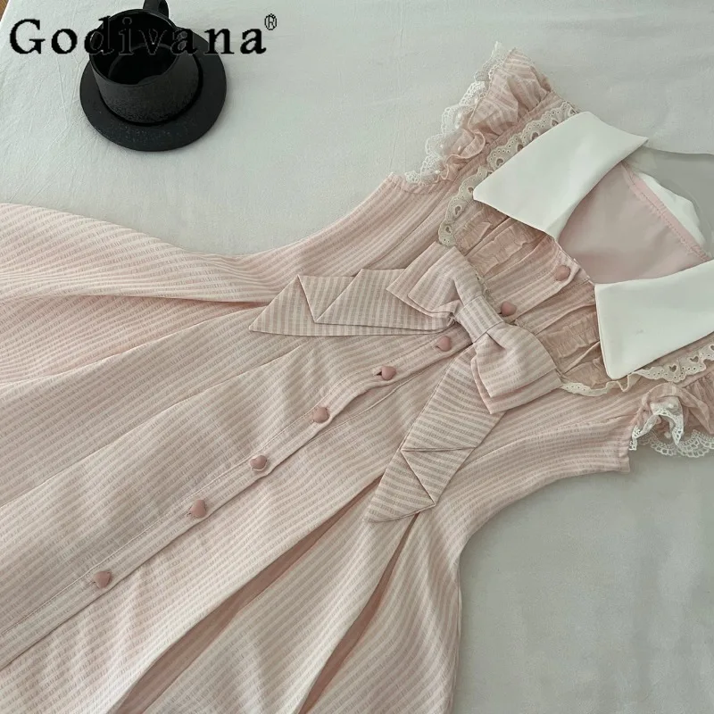 Summer Japanese Sweet Cute Dress Women Large Bow Pink Striped Lolita Dress Female Lapel Flutter Sleeve Single Breasted Dress
