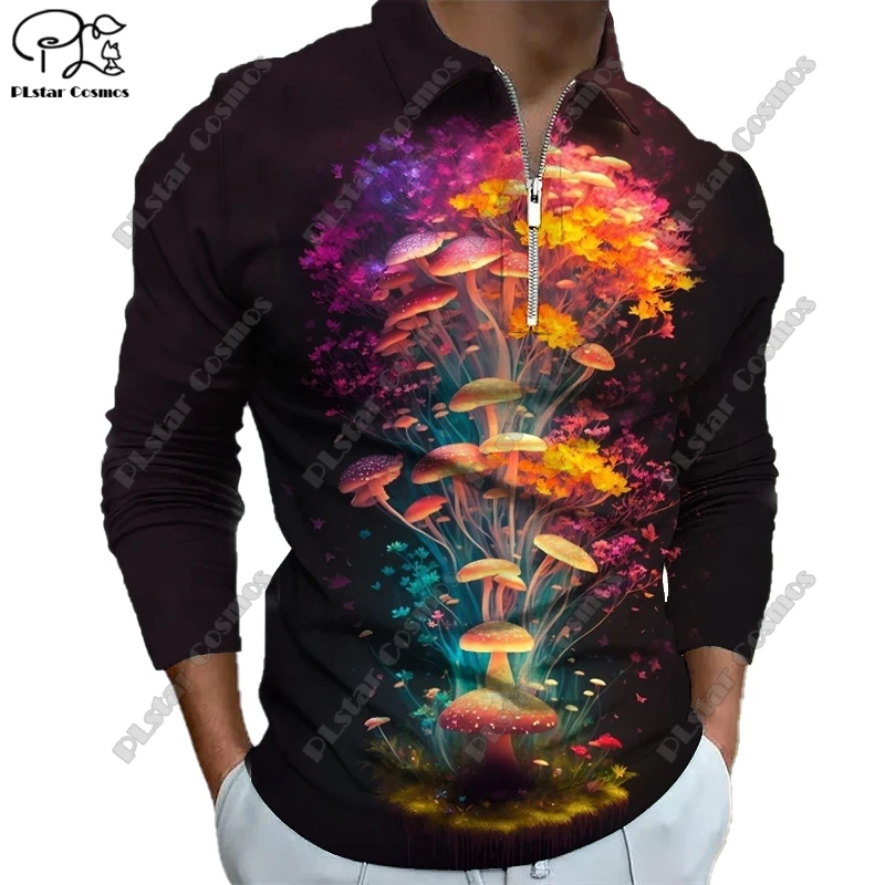 3D printing animal series dragonfly butterfly rose mushroom pattern printed long-sleeved zipper polo shirt casual sports unisex