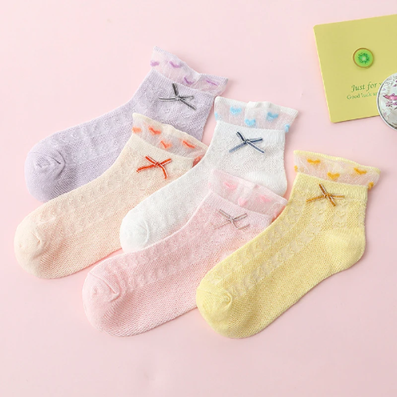 5 pairs spring summer thin girls socks princess lace hand sewn bow school socks mesh breathable girls socks