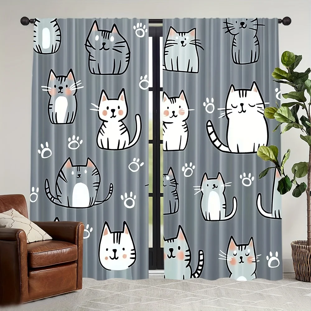 

2pc Gray and white pet paw print patterned curtains, machine washable polyester, suitable for bedrooms and living rooms.