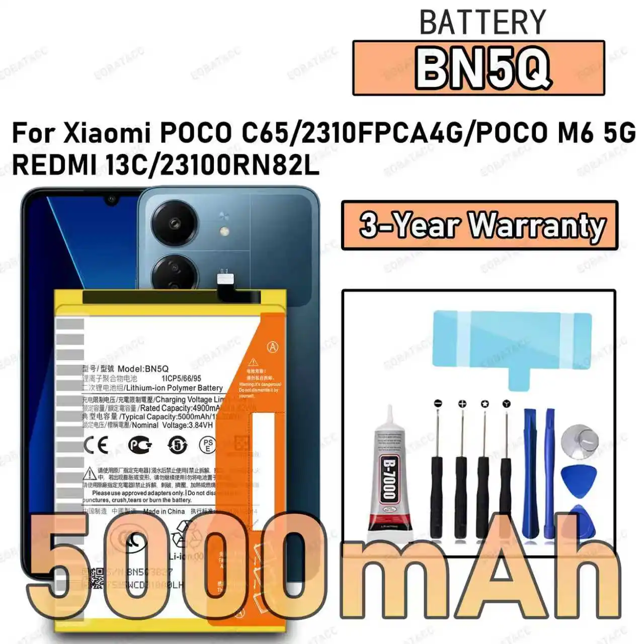 

New High Quality BN5Q Battery For Xiaomi POCO C65/2310FPCA4G/POCO M6 5G/REDMI 13C/23100RN82L Battery