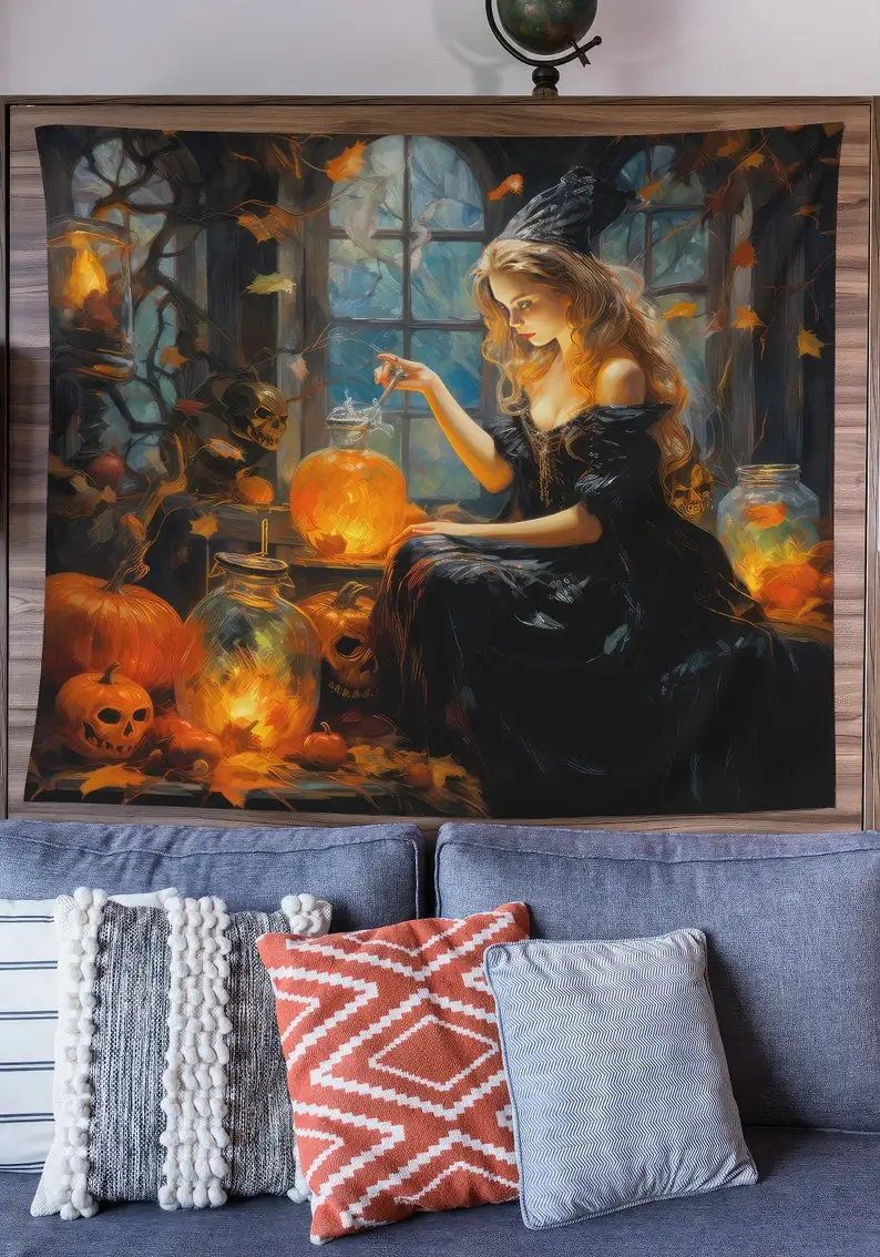 Halloween Witch Tapestry Magic Potion Art Pumpkin Decor Spooky Wall Hanging Seasonal Home Decoration