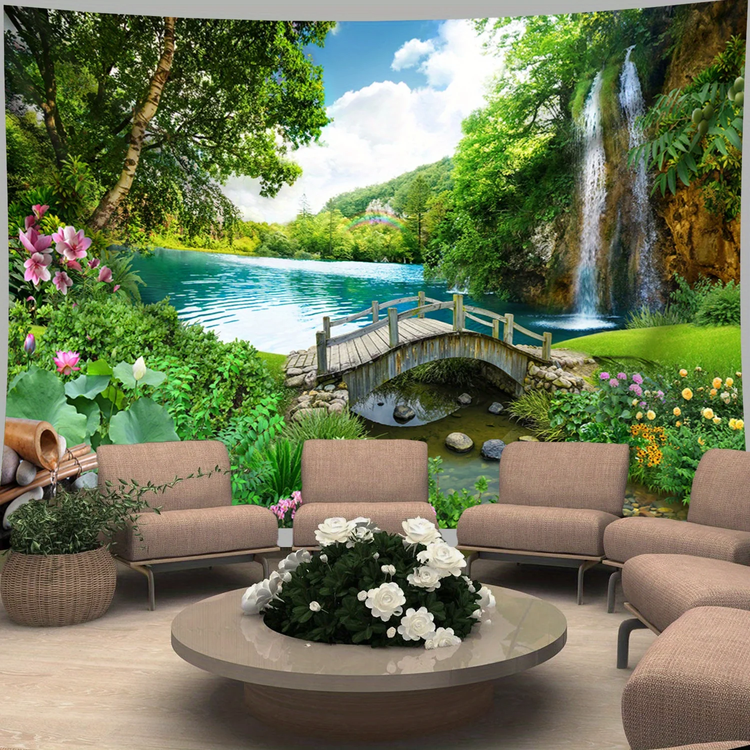 1pc Ultra Large Arch Bridge Waterfall Mountain Landscape Tapestry - Premium Polyester Peach Light Beige Fabric, Wrinkle-Resistan