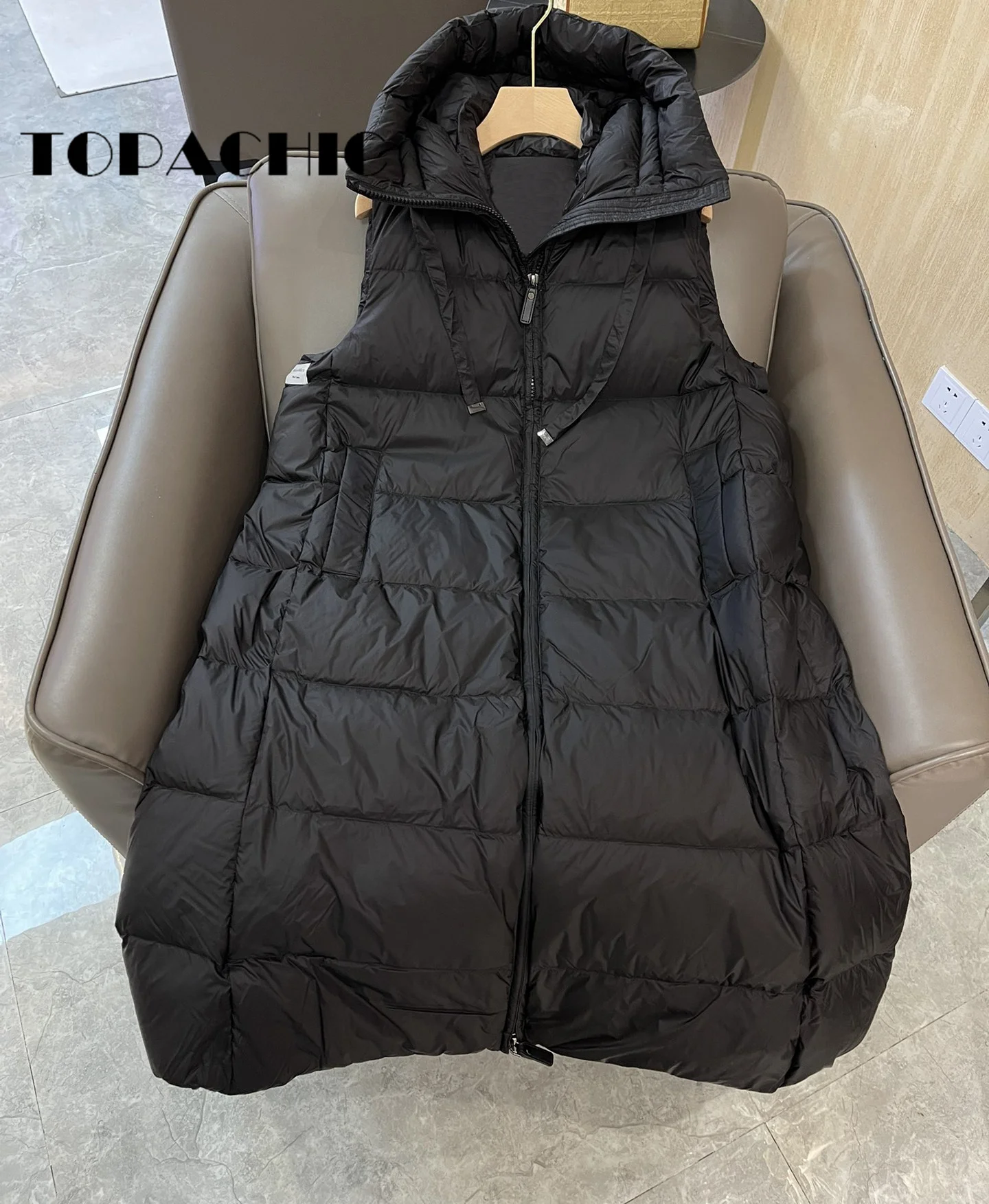 8.29 TOPACHIC-Women Clothes Fashion Quilted Long Goose Down Zipper Vest Drawstring Hooded Keep Warm Thick Vest Coat