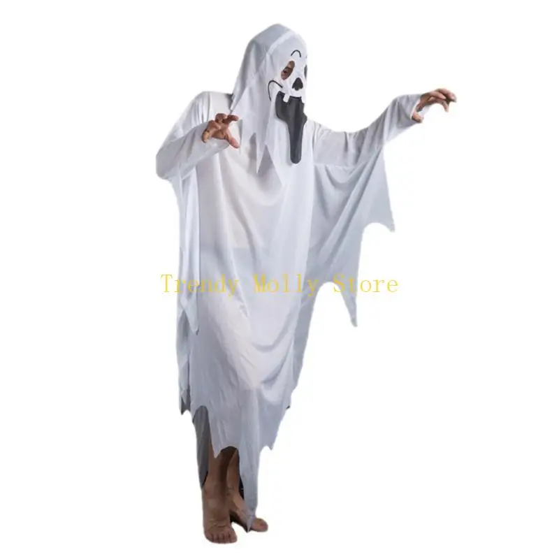 

N5KB Unisex White Adult Witch Cape Full Length Scary Robe Cloak Halloween Dress Up Parties Decoration White Cloak