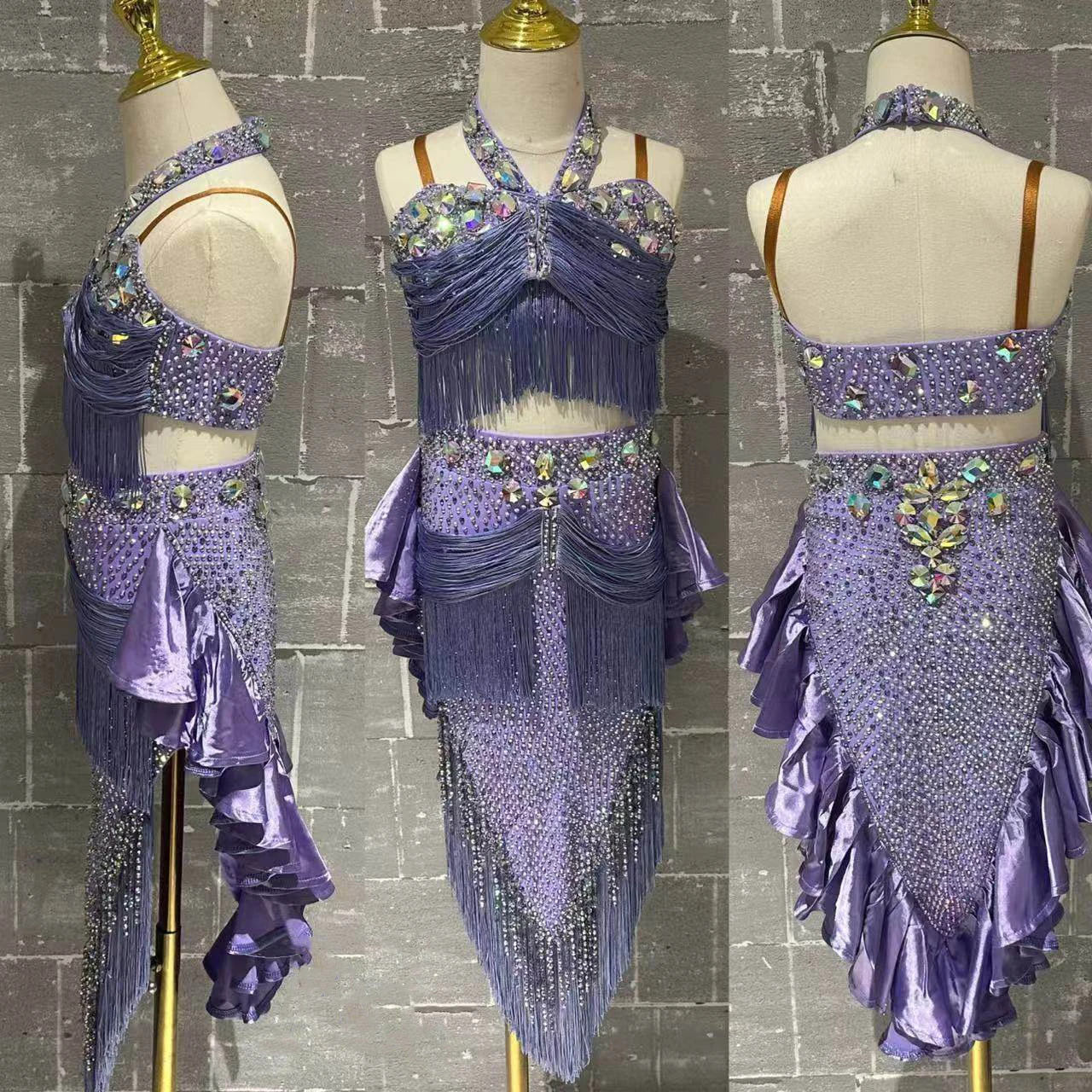 

Latin Dance AB Stone Female Adult Children High end Customized Violet Western Region Wind Black Pool Samba Performance Dress