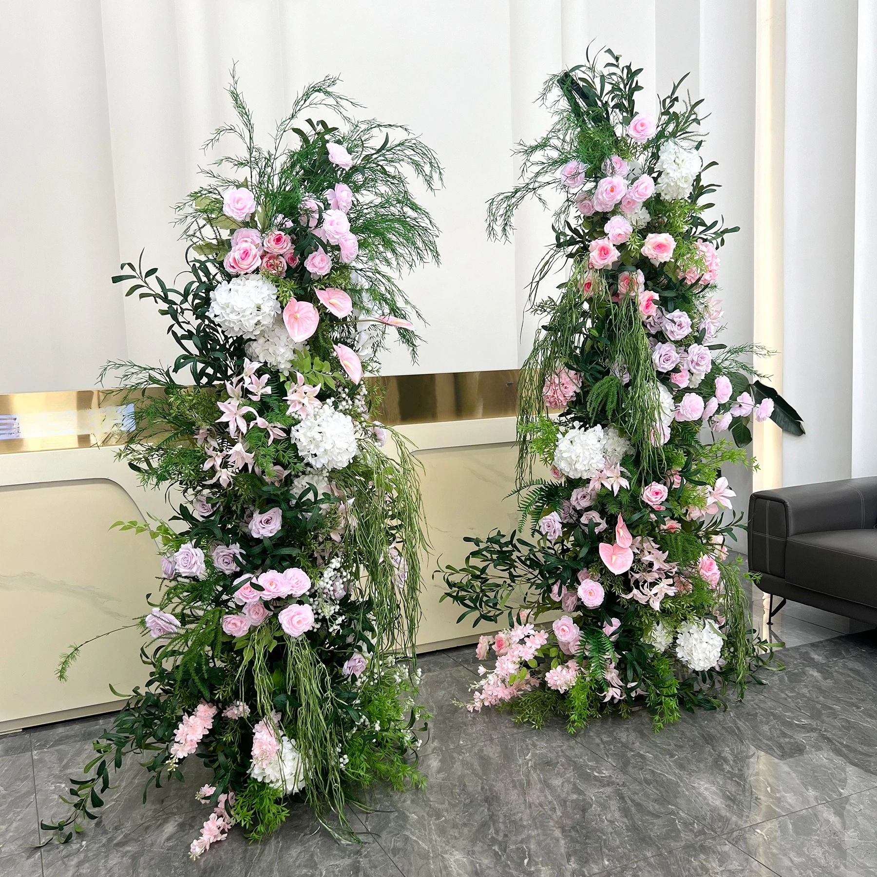 Wedding event floral arrangement pink stage ornaments window scene decoration bouquet simulation green plants