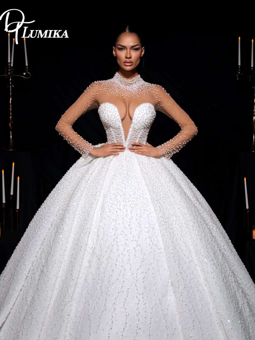 

Elegant High Neck Wedding Dress Illusion Pearl Beaded Wedding Gown Glamorous Sparkling Cathedral Bridal Gown Vestidos De Novia