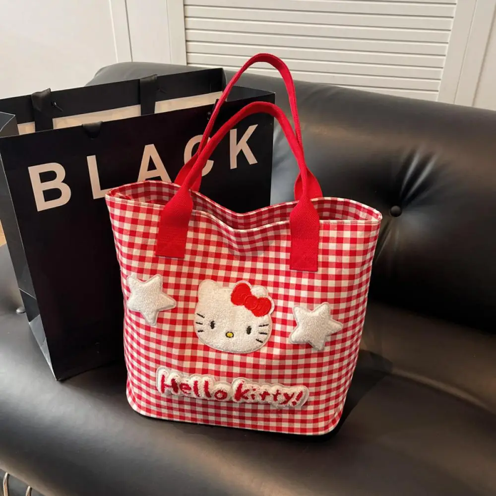 

Miniso Hellokitty Plaid Shoulder Cartoon Simple Large Capacity Fashionable Canvas Bag Exquisite Multifunctional Commuting Bag