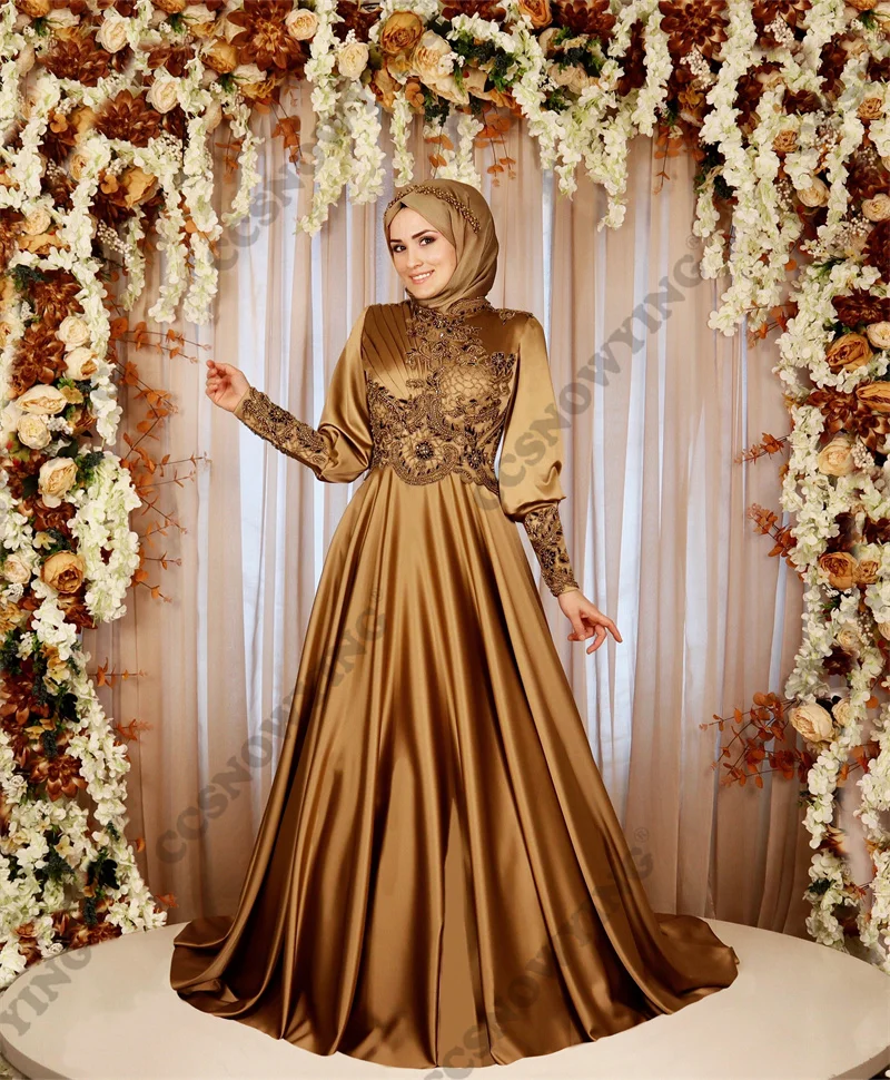 

Satin Appliques Beaded Muslim Evening Dresses Islamic Long Sleeve Formal Party Gown Arabic Kaftan High Neck Hijab Robe De Soirée