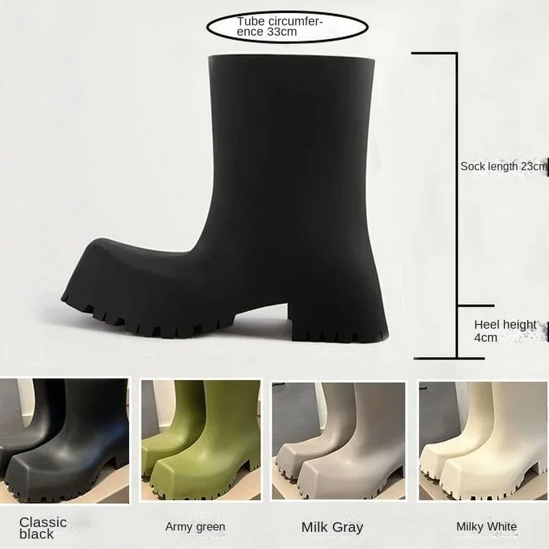 Square Toe Rain Boots and Women\'s Daily All-match Mid-tube Boots Thick Bottom Increased Fashion Waterproof Non-slip Water Shoes