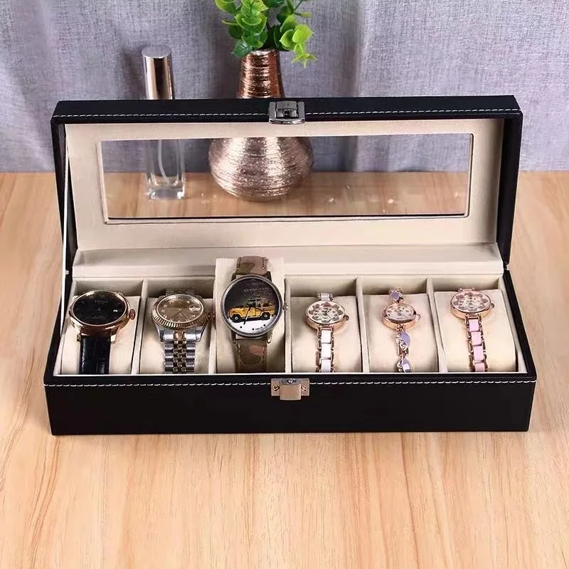 Caja de almacenamiento para relojes con múltiples ranuras, caja de exhibición de relojes de cuero de estilo clásico, organizador de colección de joyas con tapa de cristal para regalo y uso doméstico