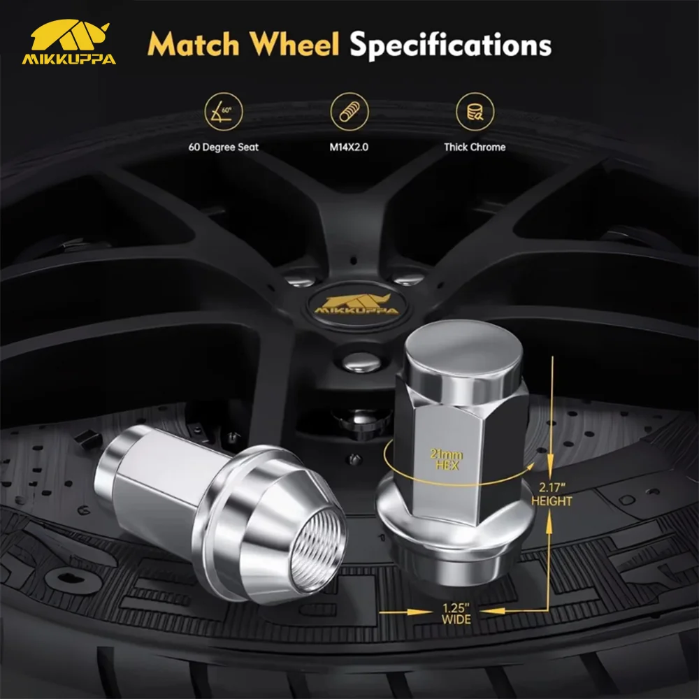 MIKKUPPA Wheel Lug Nuts M14x2.0 Chrome 24pcs Set Anti Rust Heavy Duty Precision Threaded 13/16 Hex Nuts for Cars and Trucks