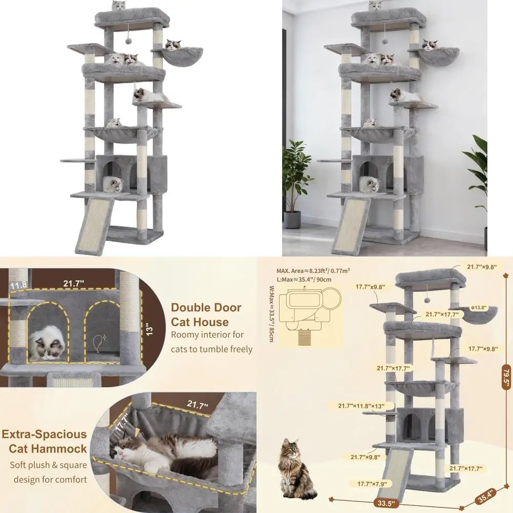 Torre interna para gatos de 80 polegadas com base grande, 2 poleiros de pelúcia, tábua para arranhar e cavernas, cinza claro