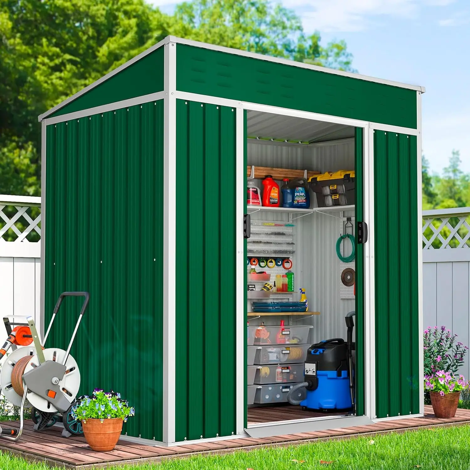 4X6 FT Outdoor Garden Storage Shed Yard Storage Tool Steel House with Sliding Door (Green)