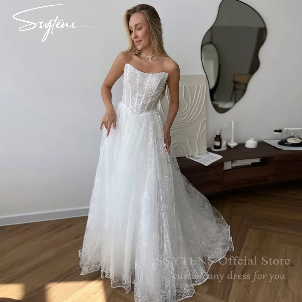 

SSYTENS Full Lace Strapless Wedding Dresses Pearls A-Line Princess Bridal Gowns Israel Corset Back Civil Bride Gown Customized