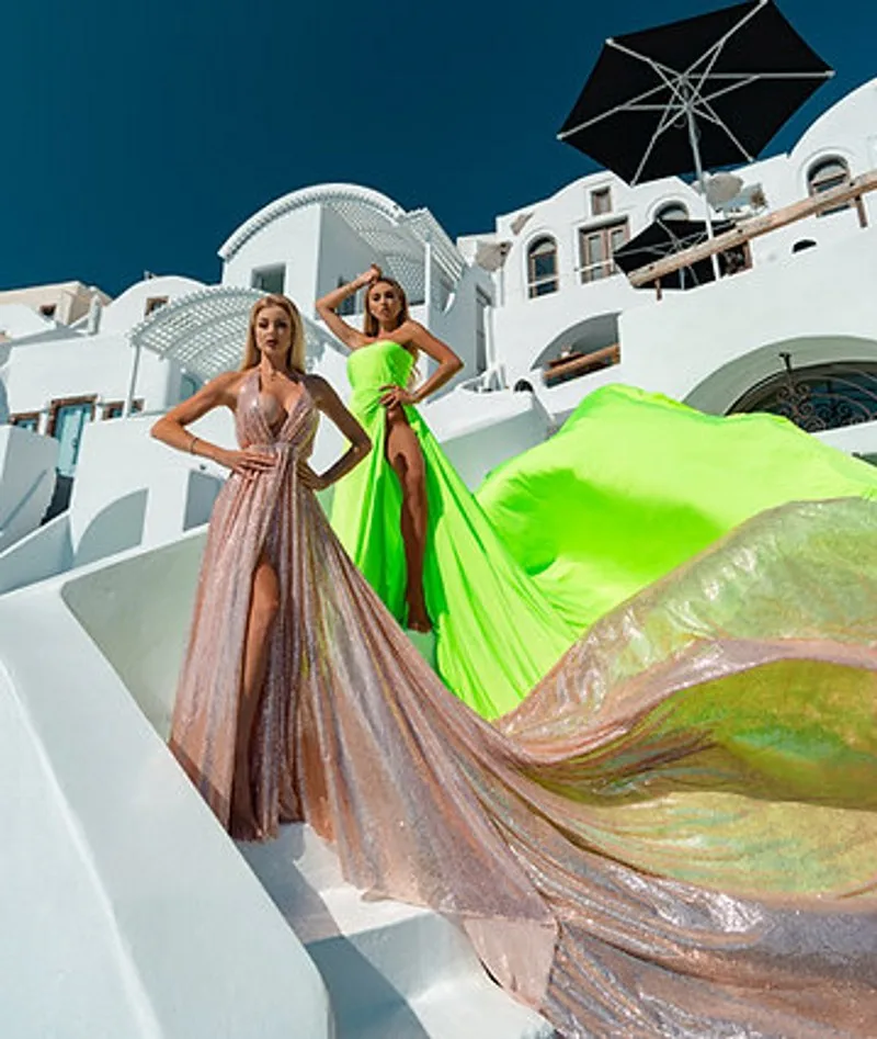 Santorini Fotografie fliegende Abendkleid Pailletten maßge schneiderte sexy Schlick Abschluss ball Party kleider tiefen V-Ausschnitt Abiye Robe de Soiree